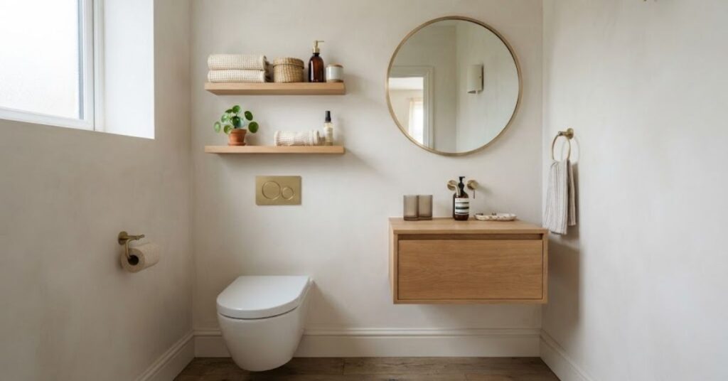 Small floating shelves in a powder room holding towels, soap, baskets, and decor
