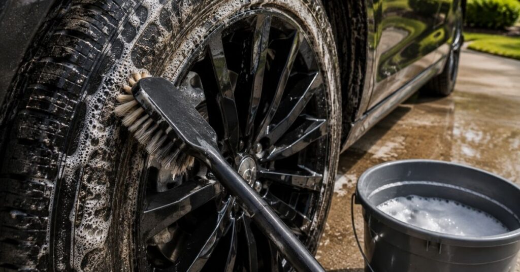 Dirty black car tire being cleaned with a soapy tire brush