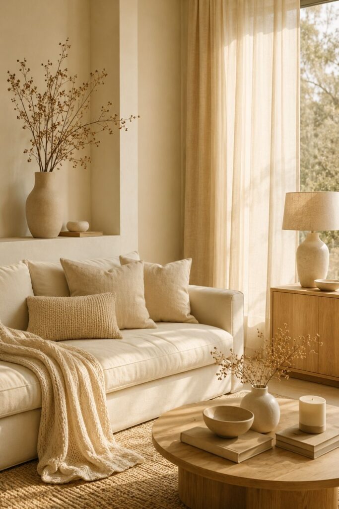 Soft cream home decor phone wallpaper with elegant neutral furnishings.