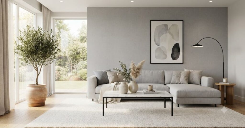 Modern living room with elegant soft gray textured wallpaper, light gray sectional sofa, marble coffee table, warm wood accents, and contemporary Scandinavian-inspired home décor.