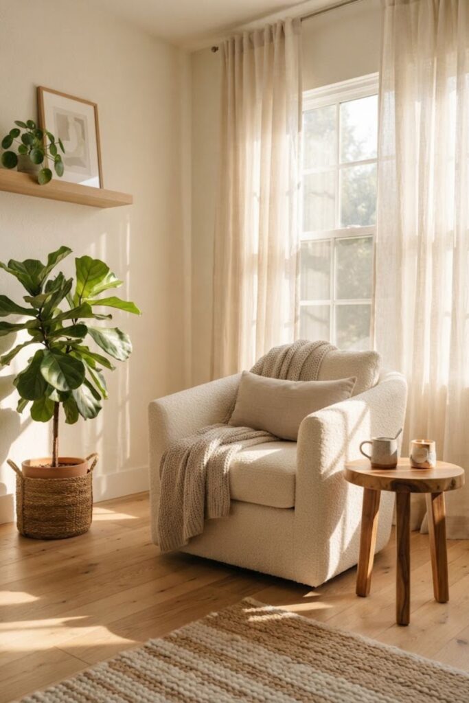 Soft morning sunlight entering a cozy neutral room phone wallpaper.