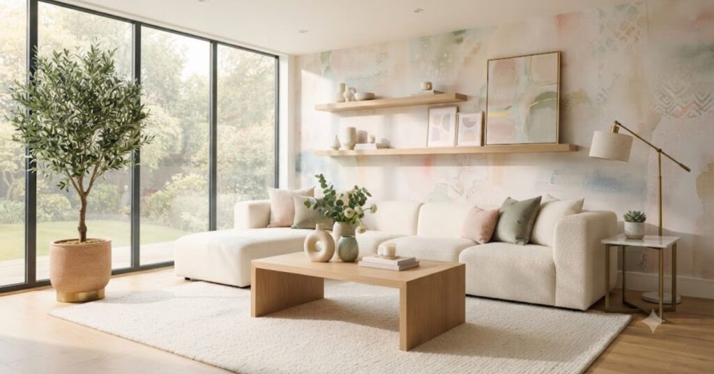 Modern luxury living room featuring soft pastel wallpaper in blush pink, sage green, and dusty blue with a cream boucle sofa, oak furniture, and elegant Scandinavian-inspired home décor.