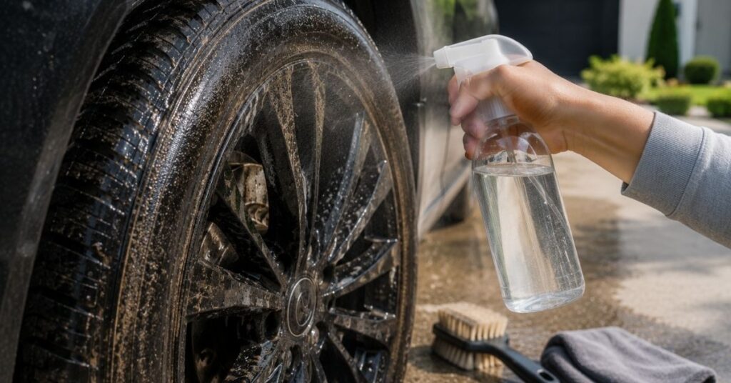Diluted white vinegar solution being sprayed on a dirty car tire
