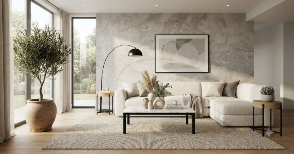 Luxury modern living room featuring realistic stone texture wallpaper, cream boucle sofa, marble coffee table, oak furniture, and elegant contemporary home décor.