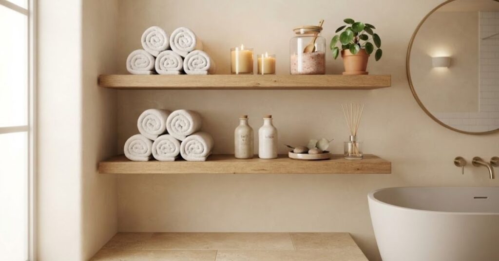 Spa-inspired bathroom shelves styled with rolled towels, candles, bath salts, and plants