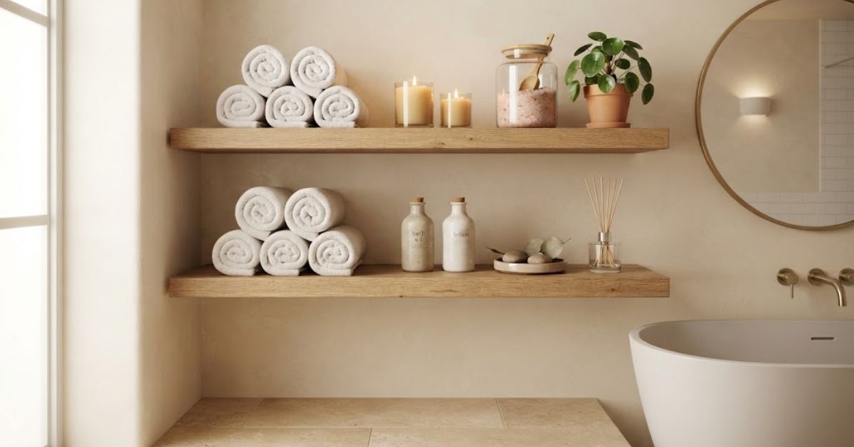 Spa-inspired bathroom shelves styled with rolled towels, candles, bath salts, and plants