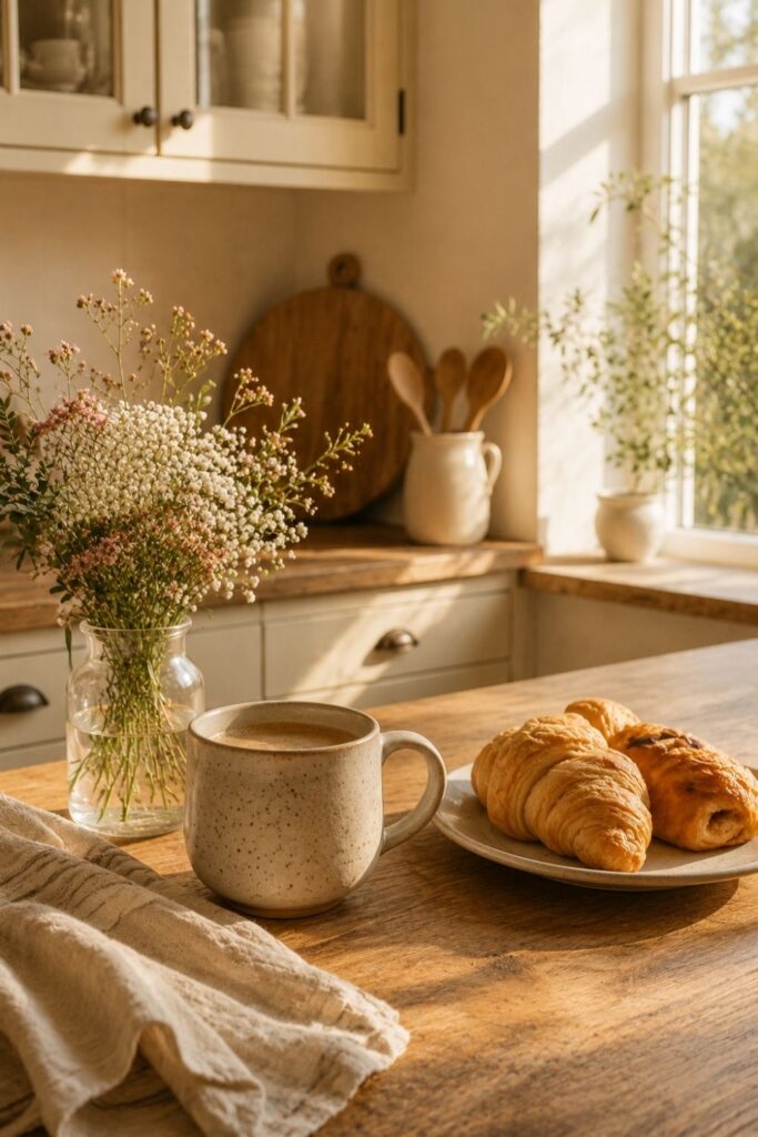 Sunday morning kitchen phone wallpaper with coffee, pastries and flowers.