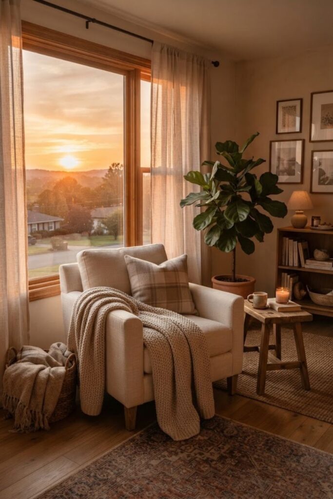 Cozy home interior phone wallpaper with warm sunset light through a window.