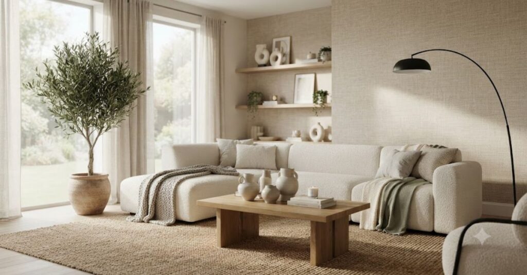 Modern living room with elegant textured linen wallpaper, cream boucle sofa, wooden furniture, natural décor, and Scandinavian-inspired interior design.