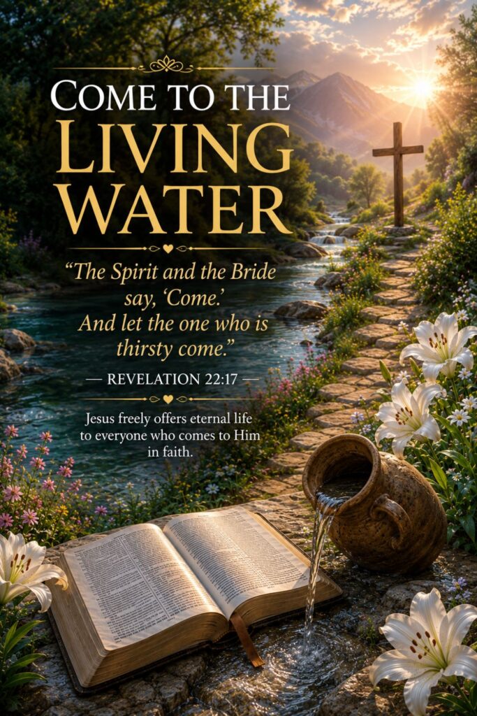 The final invitation of Scripture reminds everyone to come freely to the living water offered by Christ.