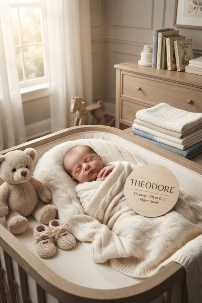 Newborn baby boy sleeping in a vintage-inspired nursery with a Theodore name plaque and children's books