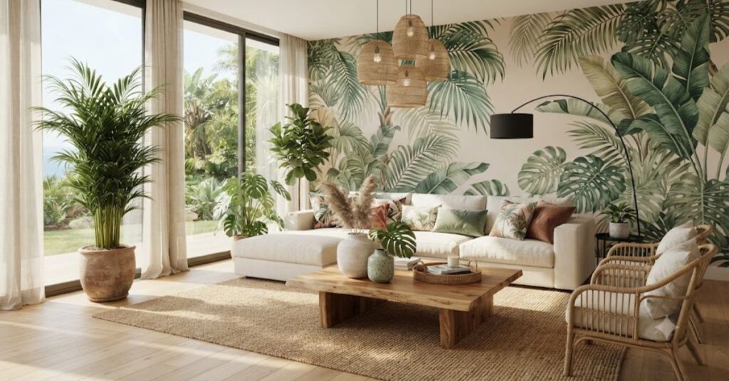 Luxury modern living room featuring tropical palm wallpaper with oversized green leaves, cream linen sofa, rattan furniture, indoor plants, and resort-inspired contemporary home décor.