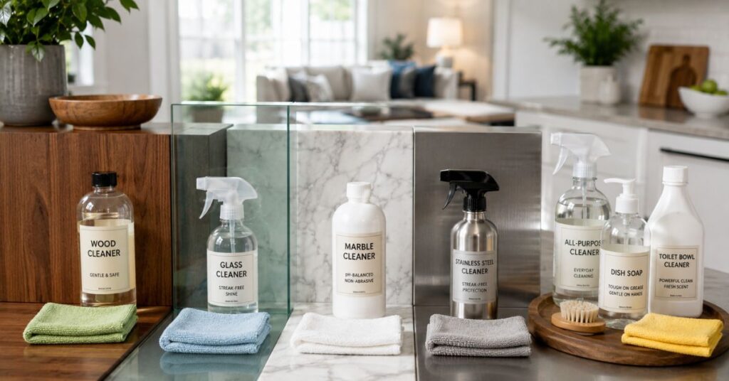Different cleaning products for different household surfaces.