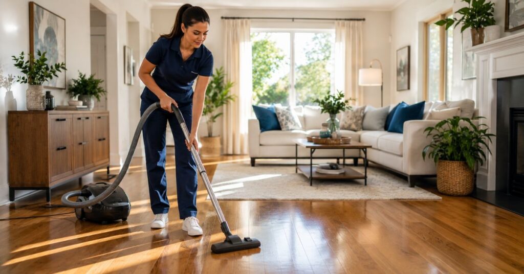 Professional housekeeper vacuuming floors before mopping.