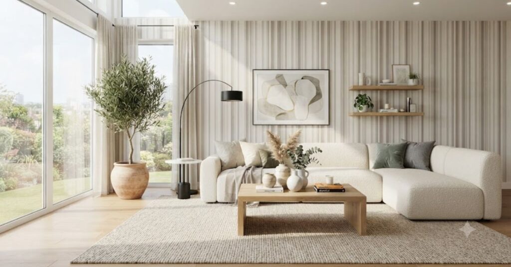 Modern luxury living room featuring elegant vertical stripe wallpaper, cream boucle sofa, oak wood furniture, marble side table, and Scandinavian-inspired contemporary home décor.