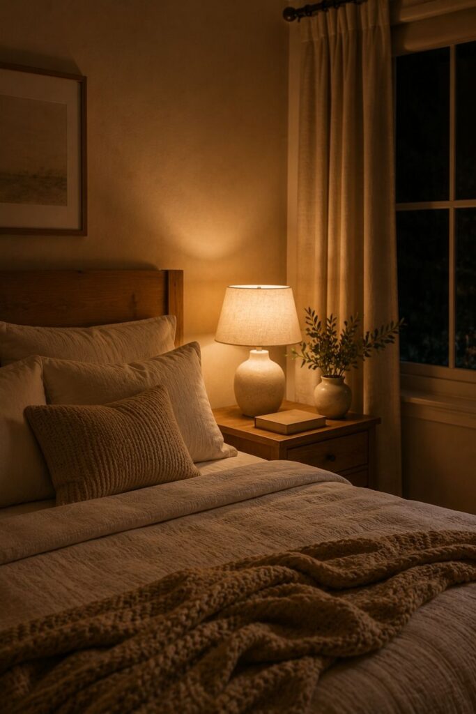 Cozy bedroom night scene phone wallpaper with warm bedside lighting.