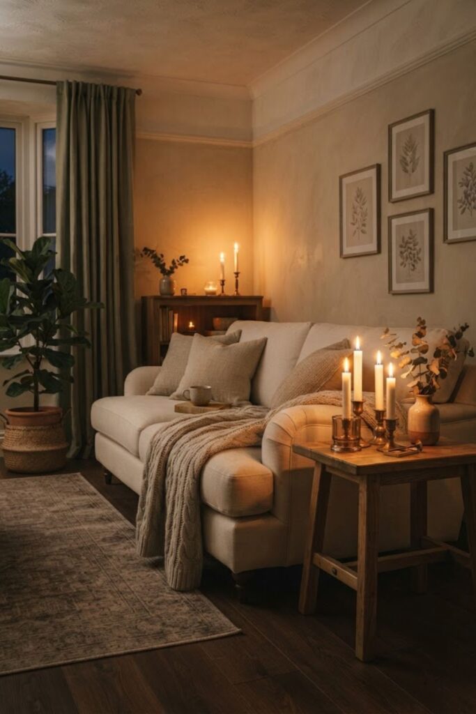 Warm candlelit room phone wallpaper with cozy neutral decor.