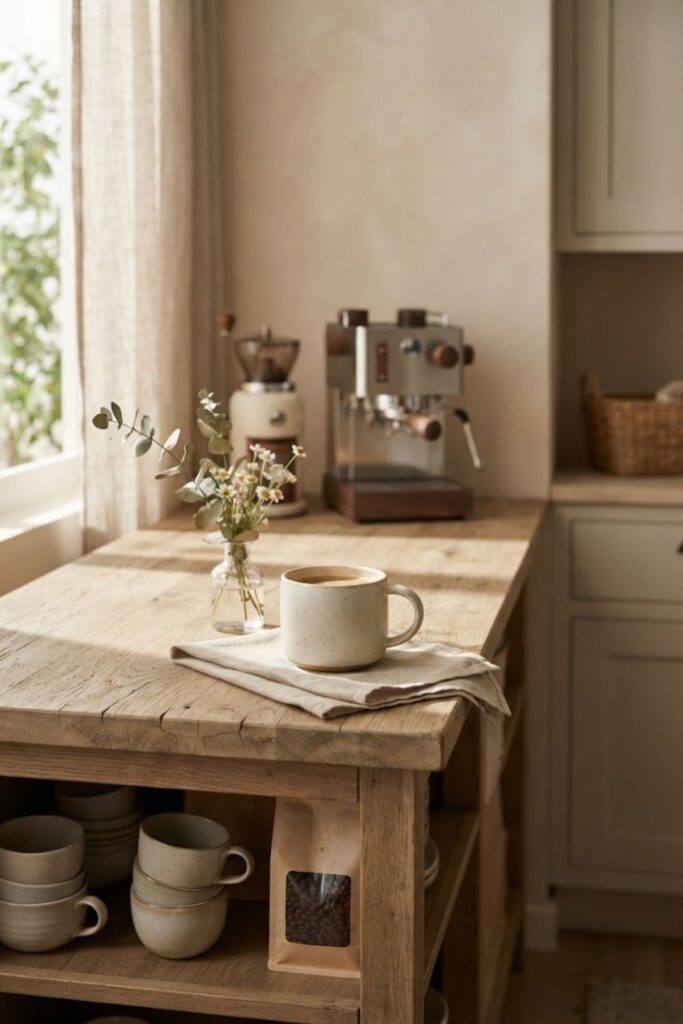 Cozy coffee corner phone wallpaper with a ceramic mug and morning sunlight.