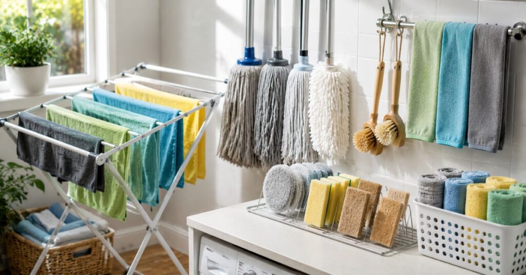 Freshly washed cleaning tools ready for the next cleaning session.