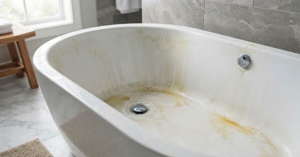 Common causes of bathtub grime including soap scum and hard-water buildup