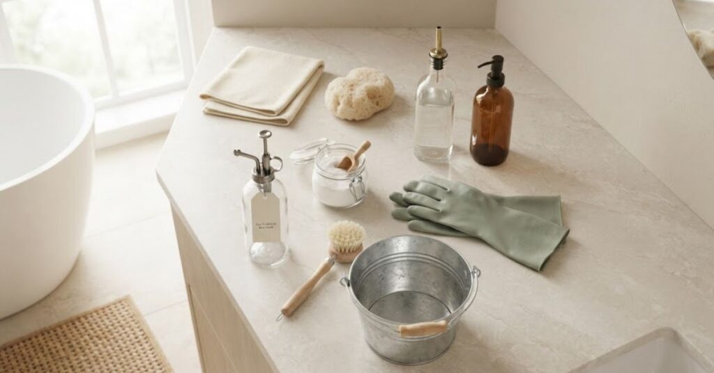 Cleaning supplies needed to clean a bathtub including baking soda, vinegar, sponge, and microfiber cloth