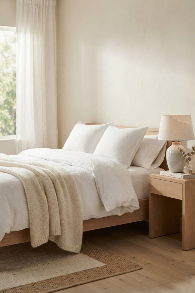 White linen bedroom phone wallpaper with soft neutral bedding.