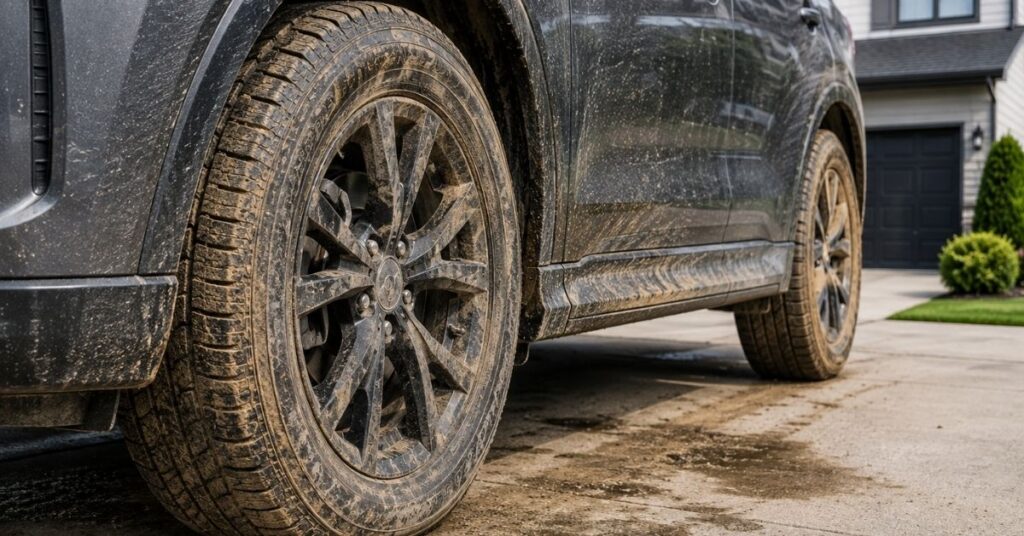 Four dirty car tires covered with road dust, dried mud and grime