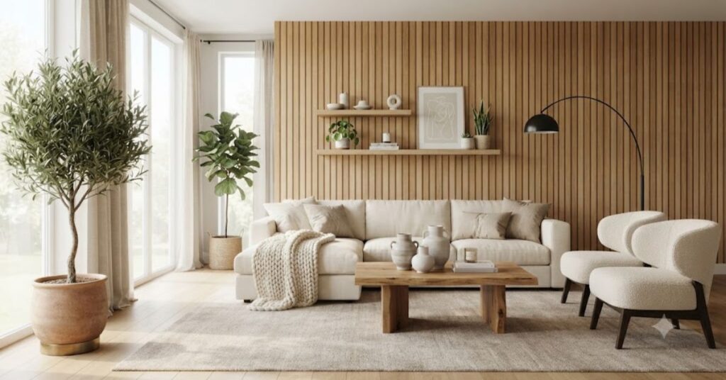 Modern living room featuring realistic wood panel wallpaper, cream sectional sofa, oak coffee table, indoor plants, and Scandinavian-inspired luxury home décor.