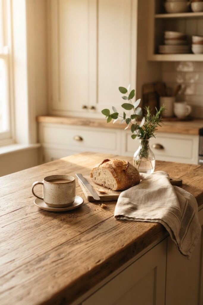 Rustic wooden kitchen counter phone wallpaper with coffee and fresh bread.