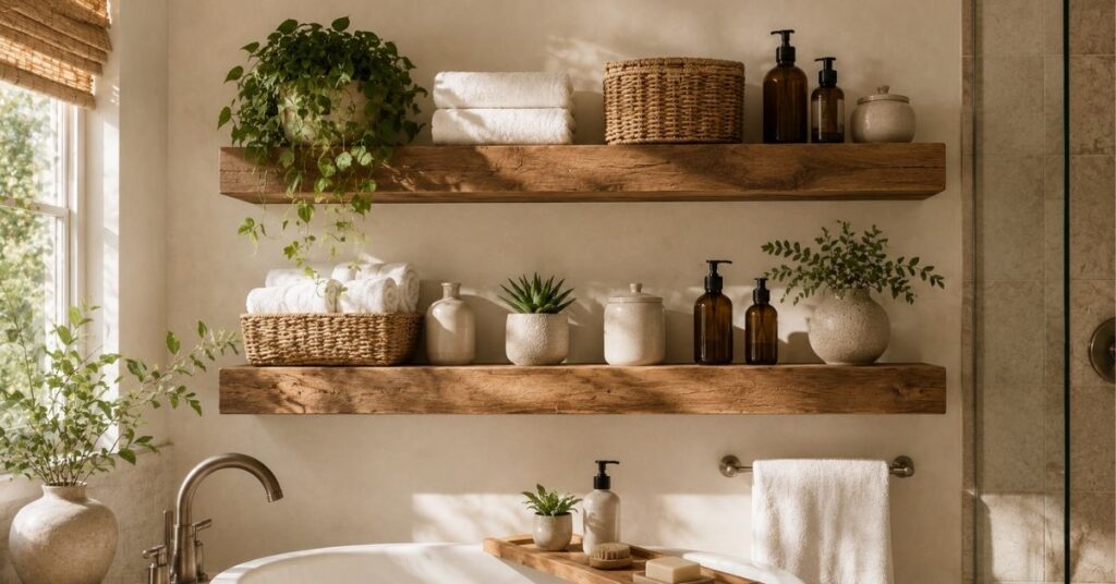 Natural wooden bathroom shelves with baskets, towels, plants, and ceramic decor
