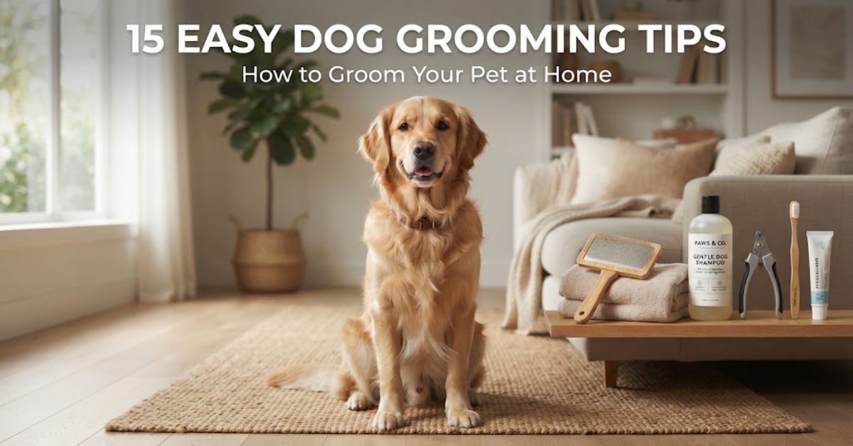Beautifully groomed golden retriever with dog grooming tools at home