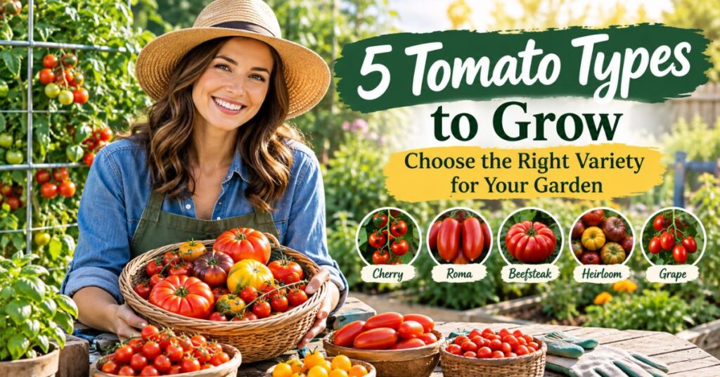 Five types of fresh tomatoes displayed in a backyard vegetable garden