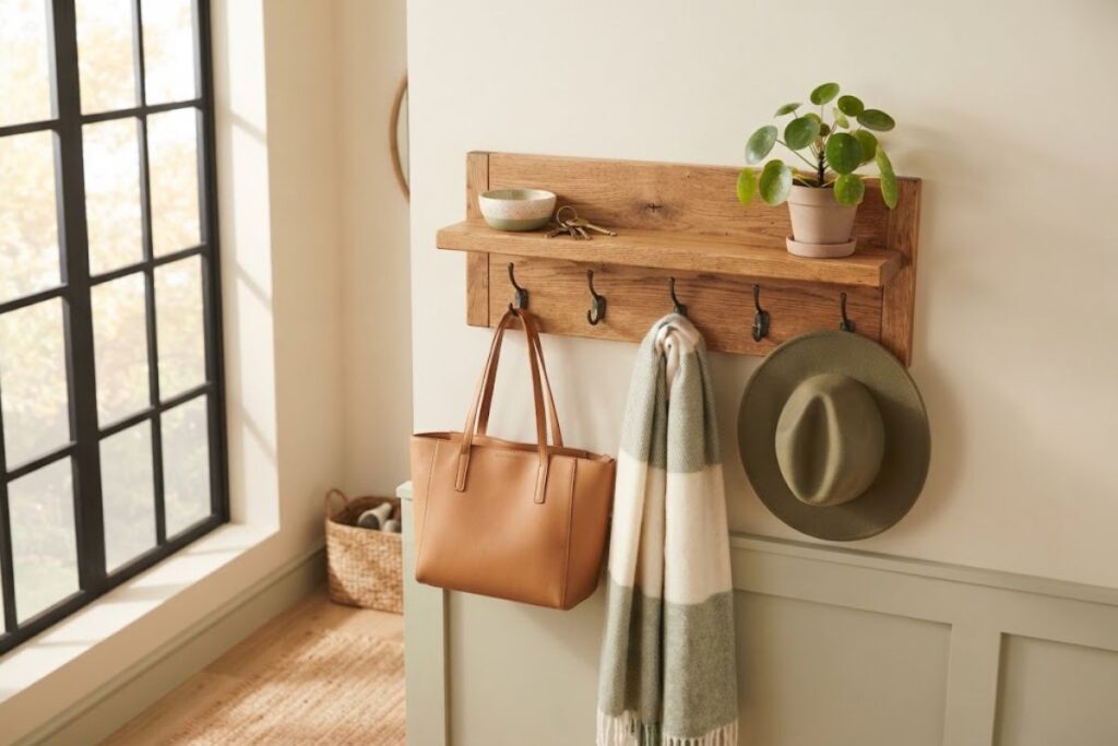 DIY wooden entryway organizer with hooks for bags and accessories