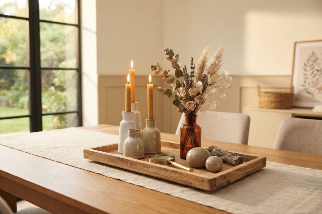 DIY candle and flower centerpiece for an affordable dining table