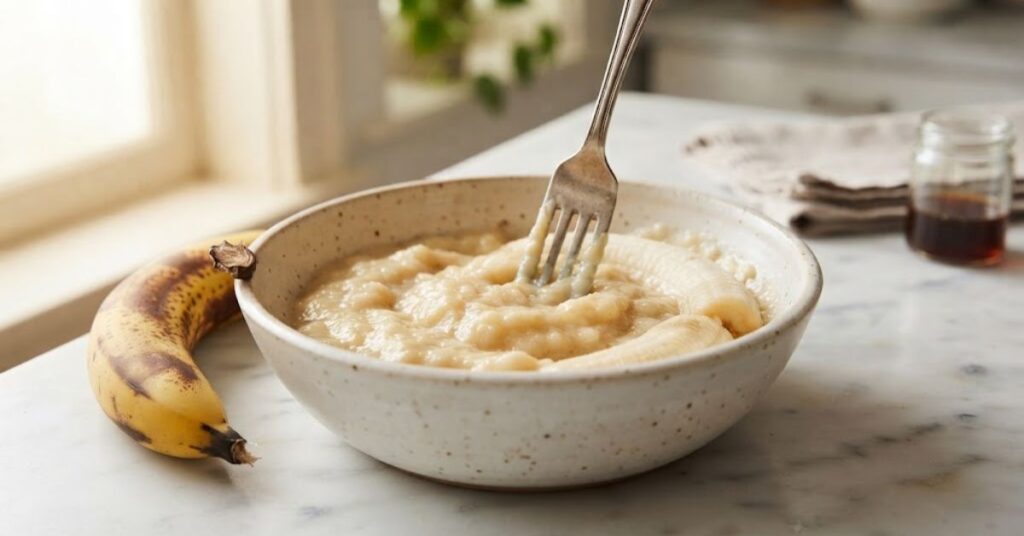 Ultra-realistic 1200×628 close-up food photography of ripe bananas being mashed in a ceramic mixing bowl with a simple fork, creamy banana texture visible, clean bright kitchen counter, warm natural daylight, realistic cooking scene, premium editorial photography, no visible person, no text, no watermark.