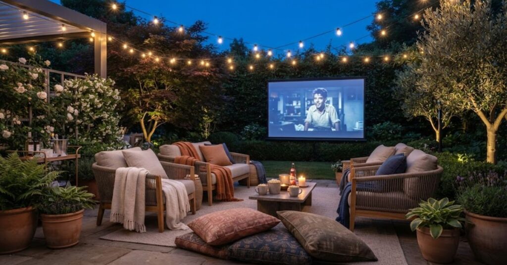 Cozy backyard movie area with outdoor screen and seating