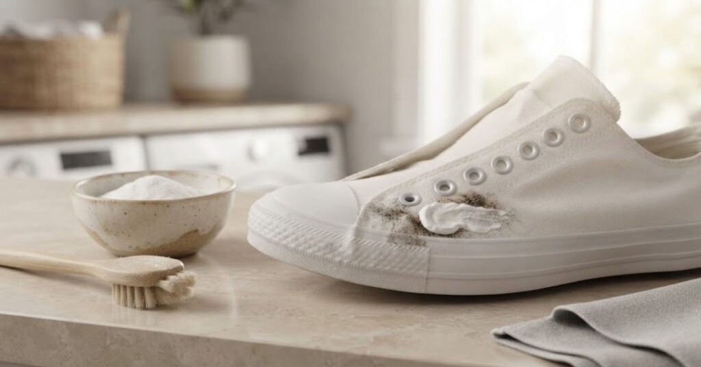 Baking soda paste being used on a stained canvas shoe