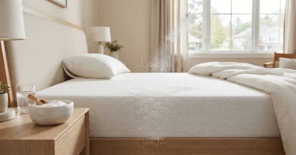 Baking soda sprinkled on a mattress to absorb odors