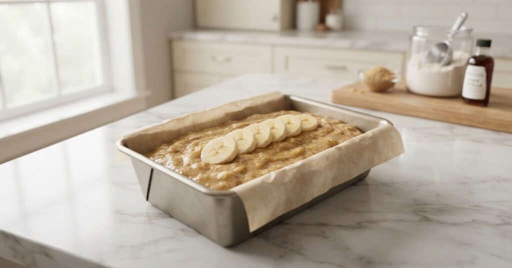Banana bread batter prepared in a loaf pan