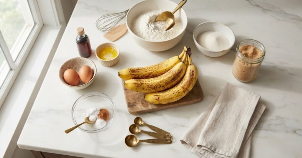 Ingredients for homemade banana bread recipe