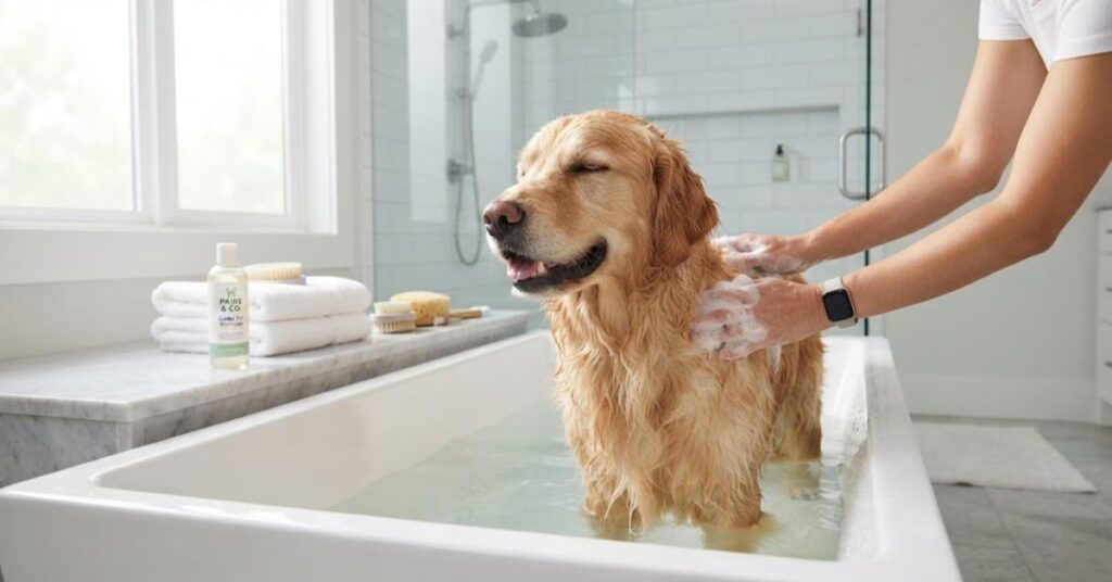 Dog receiving a gentle bath at home
