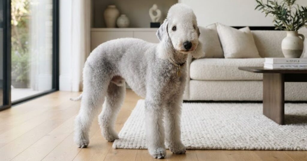 Bedlington Terrier with curly low-shedding coat indoors