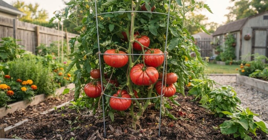Large beefsteak tomatoes growing on a supported plant