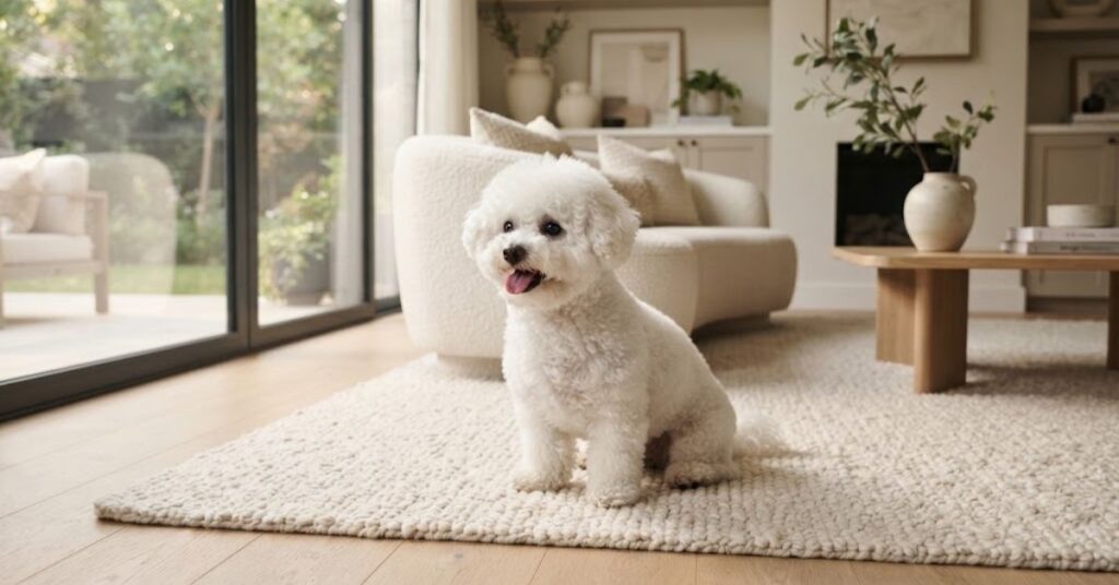 White Bichon Frise with fluffy low-shedding coat indoors