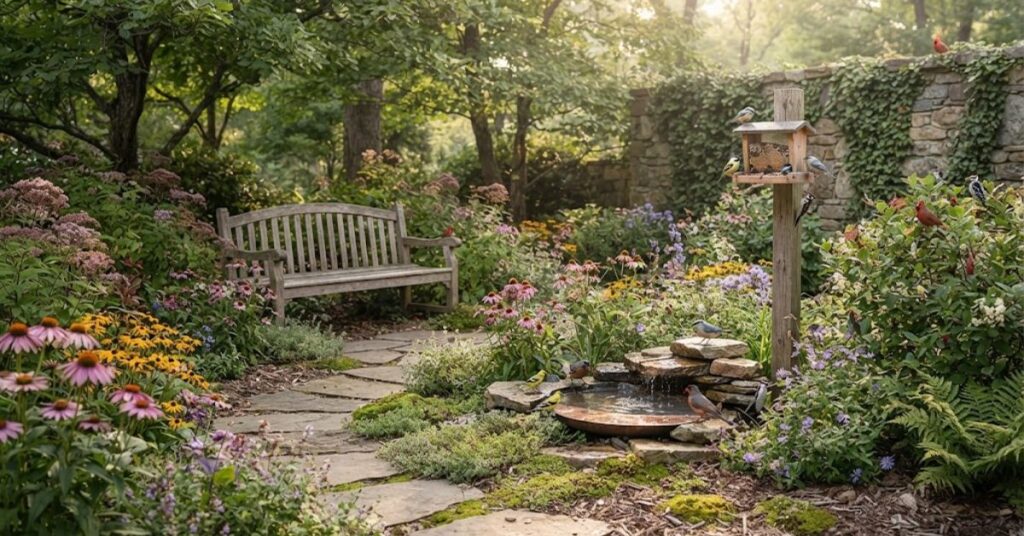 Bird-friendly backyard garden filled with plants and greenery