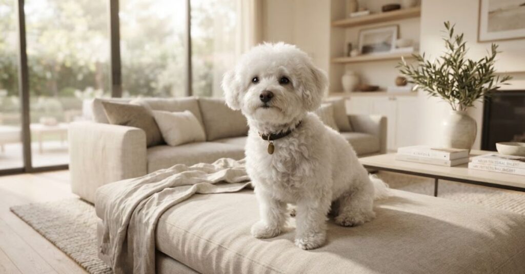 Bolognese dog with fluffy low-shedding white coat