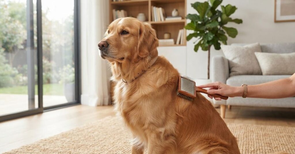 Golden retriever being gently brushed at home