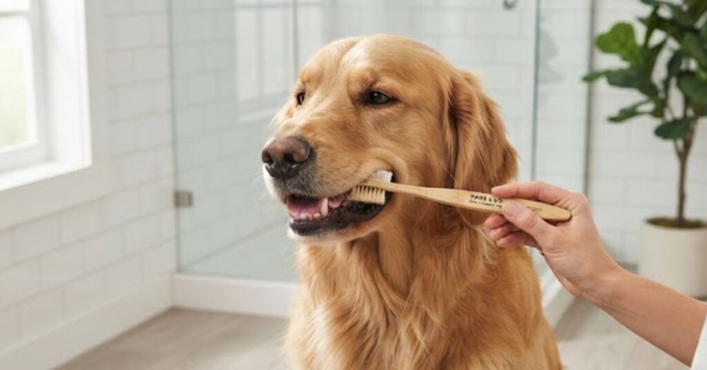 Brushing a dog's teeth with a pet toothbrush