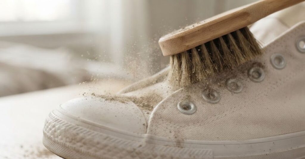 Brushing loose dirt from canvas shoes before washing