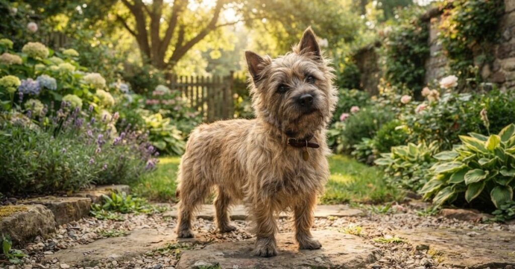 Cairn Terrier with shaggy low-shedding coat in a garden